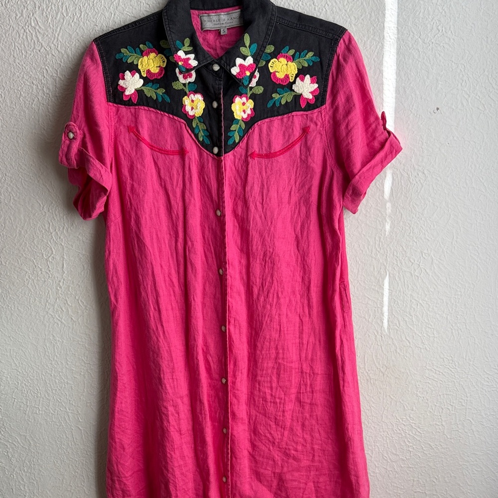 Double ranch Pink Floral Embroidered Button-Up dress